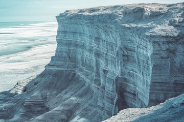 A majestic coastal cliff reveals layers of sedimentary rock, overlooking a tranquil ocean under a...