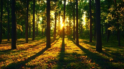 Fototapeta premium Golden Sunlight Filtering Through Tall Trees in Lush Green Forest