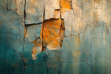 A weathered teal and orange rock face, deeply fractured and revealing contrasting textures and...