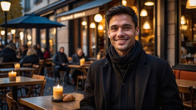 Friendly waiter with dark hair serves customers at a cozy cafe terrace illuminated by warm candlelight during an enchanting evening