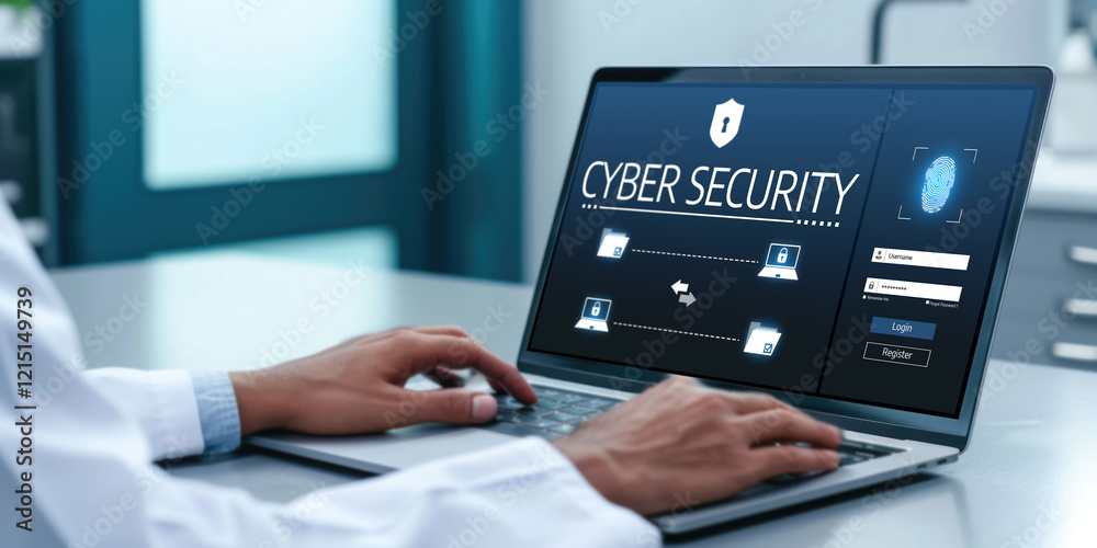 Poster cyber security system on computer screen protect private information brisk from hacker and cyber att