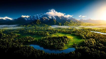 Majestic Mountain Landscape with Lush Forest and Serene River