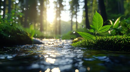 Fototapeta premium Tranquil Stream and Fresh Green Leaf in Sunlit Forest Environment