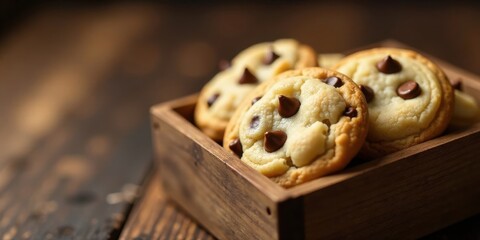 A rustic wooden box overflowing with freshly baked, golden-brown chocolate chip cookies, showcasing their delectable texture and rich aroma.