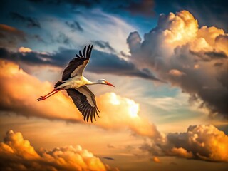 Fototapeta premium Minimalist Stork Soaring: Sky, Clouds, Bird, Nature, Wildlife Photography
