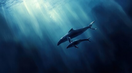 Obraz premium A dreamy artistic rendering of a humpback whale and its calf swimming gracefully in the ocean depths