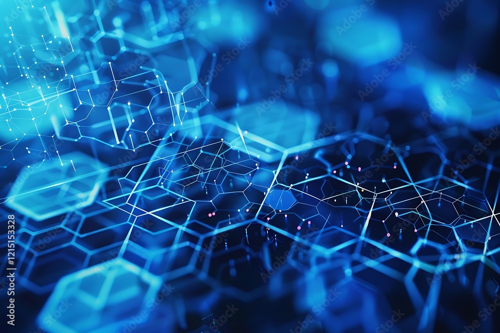 Poster abstract technology background with hexagons and blue lights.