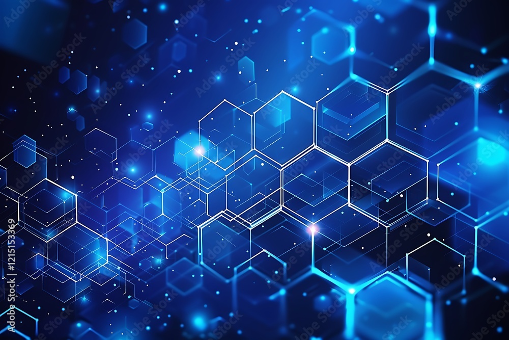 Poster abstract technology background with hexagons and blue lights.