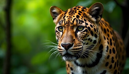Obraz premium Captivating Leopard Portrait Against a Blurred Jungle Backdrop