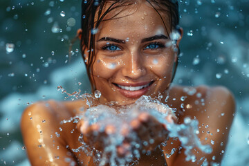 Obraz premium Joyful woman playing with water splashes