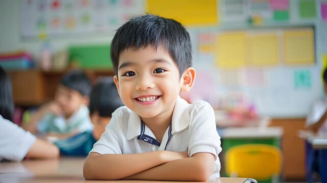 A young Asian boy sits at a classroom desk, smiling broadly while looking at the camera. Other children are seated behind him, focused on their tasks amidst colorful decorations.