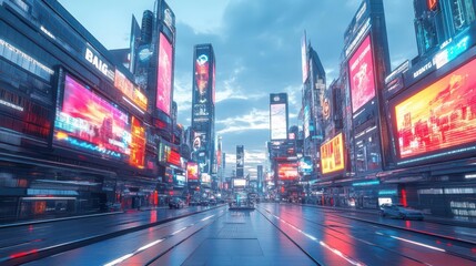Naklejka premium Render a sleek, futuristic cyberpunk cityscape with towering holographic billboards