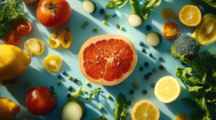 A top-down view of a festive table spread featuring a variety of foods.