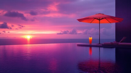 Luxury infinity pool with sunset hues and refreshing drink in peaceful atmosphere
