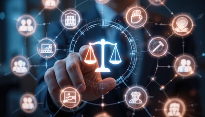 Fototapeta premium Legal Professional with Justice Icons. A suited legal professional touches virtual icons symbolizing law, justice, and legal services. business legislation, Notary public, legal advice online, Lawyer