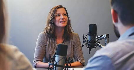 Woman podcast interview studio discussion - Powered by Adobe