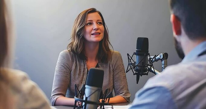 Woman podcast interview studio discussion