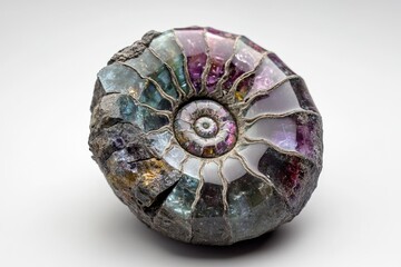 A mesmerizing ammonite fossil, its chambers filled with vibrant, iridescent amethyst and other minerals.