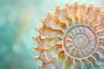 Obraz premium Close-up of a seashell's intricate spiral, showcasing its delicate texture and warm, pastel colors against a soft-focus background.