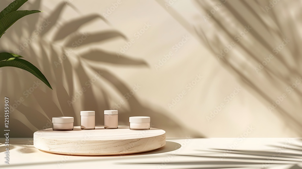 Poster 3d render of podium for product display with green leaves background.