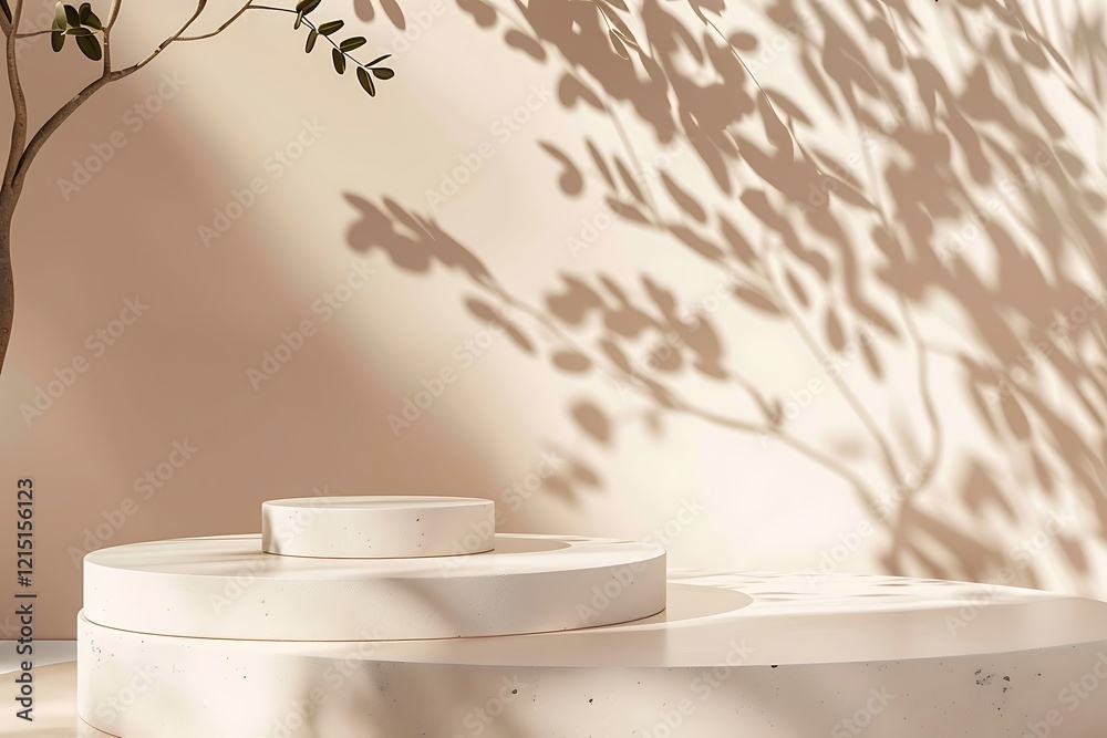 Poster 3d render of podium for product display with green leaves background.