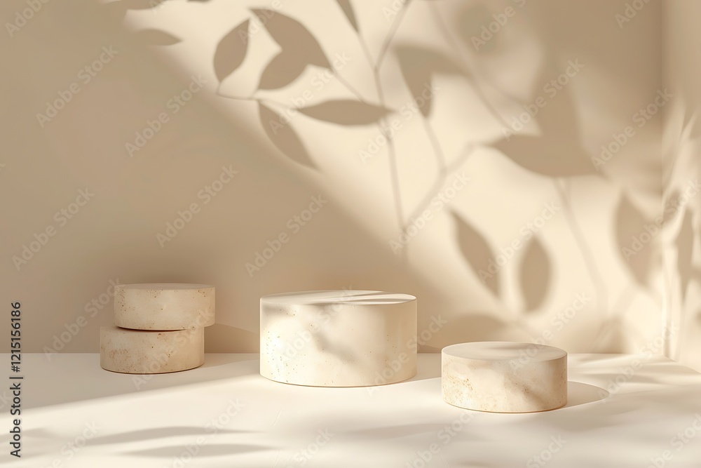 Poster 3d render of podium for product display with green leaves background.