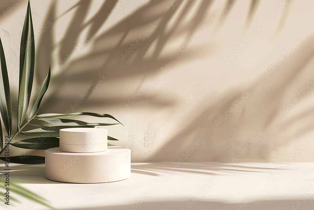 Poster 3d render of podium for product display with green leaves background.