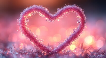 Fototapeta premium Sparkling Pink Icy Heart Shape Winter Romance Festive Bokeh Background