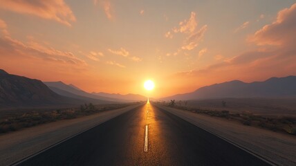 Sunset journey on an open road desert landscape serene atmosphere vibrant colors optimistic viewpoint