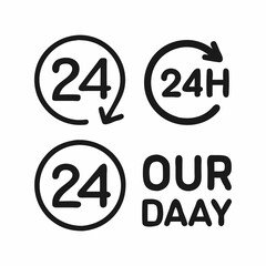 Simple, black and white icons depicting 24/7 service, suitable for websites, apps, or marketing materials.