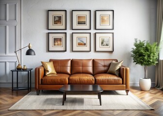 Modern Brown Leather Sofa Minimalist Interior Empty Frames Aerial View