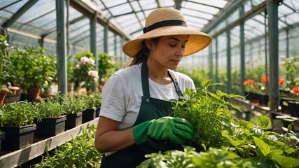 Obraz premium Joyful female gardener tending to vibrant plants in a sunny greenhouse while enjoying a peaceful moment with nature and nurturing her green thumb during a warm afternoon