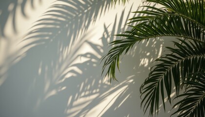 Fototapeta premium The image captures the delicate shadows of palm leaves gracefully cast against a light-colored wall, creating a serene and tranquil atmosphere. The interplay of light and shadow evokes a sense of calm