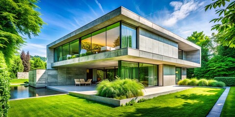 Fototapeta premium Modern Concrete House, Lush Greenery, Minimalist Architecture, Daylight, Large Windows