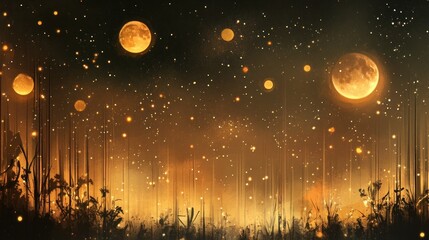 Naklejka premium Magical forest night, glowing moons, fireflies, fantasy background, game art
