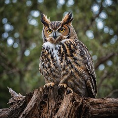 Obraz premium A majestic great horned owl sitting on a weathered tree stump, its vivid colors standing out against the white.