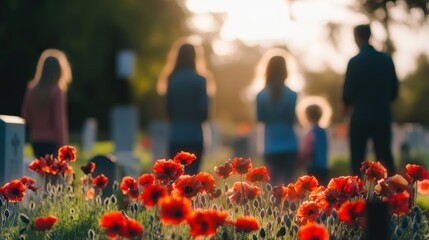A family visits a cemetery at sunset, with red poppies in the foreground