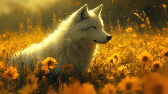 Fototapeta Majestic white wolf in sunset meadow
