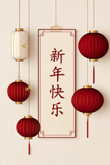 Chinese New Year Lantern 新年快乐 template, white and red minimalist interior design, with traditional holiday hanging red lanterns, with a serene and elegant feel, for Chinese New Year
