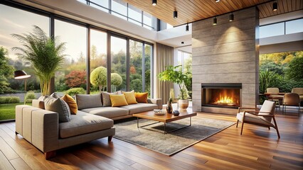 Fototapeta premium Modern Living Room with Fireplace & Patio View - Cozy Interior Design Stock Photo