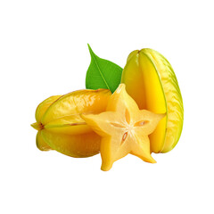 Ripe starfruit with slice and leaf on transparent background