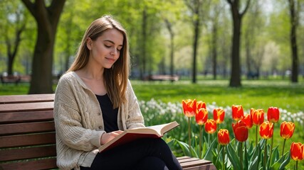 Relaxing in the sun, a woman enjoys a book while surrounded by vibrant tulips in a lush park filled with greenery on a beautiful spring day