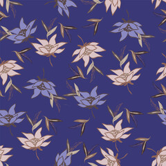 Elegance pink floral stems seamless pattern on a grey background. Vector hand drawn. Artistic, abstract flowers and tiny leaves, buds bells printing. Template for designs, fabric, fashion, textile
