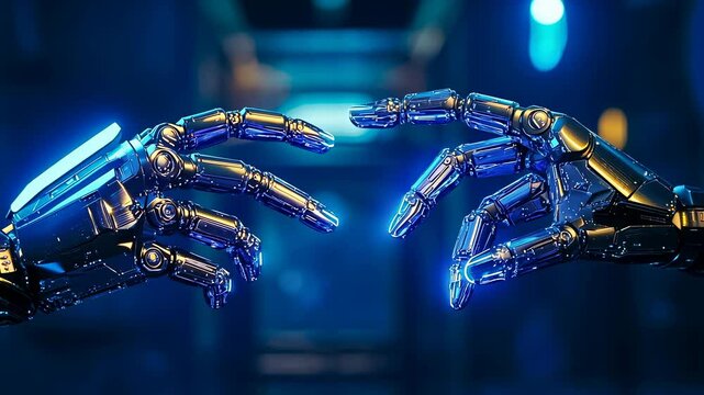 Two robotic hands almost touching dimly lit environment.Robots connect fingers gently,mimicking Michelangelo's iconic touch.Blue lights highlight intricate joint and panel.Mechanical emulating human