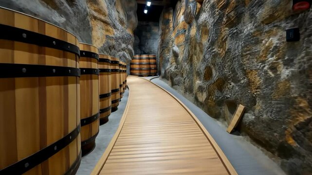 Take a tour through a rustic distillery featuring large wooden barrels aligned along a wooden pathway surrounded by stone walls