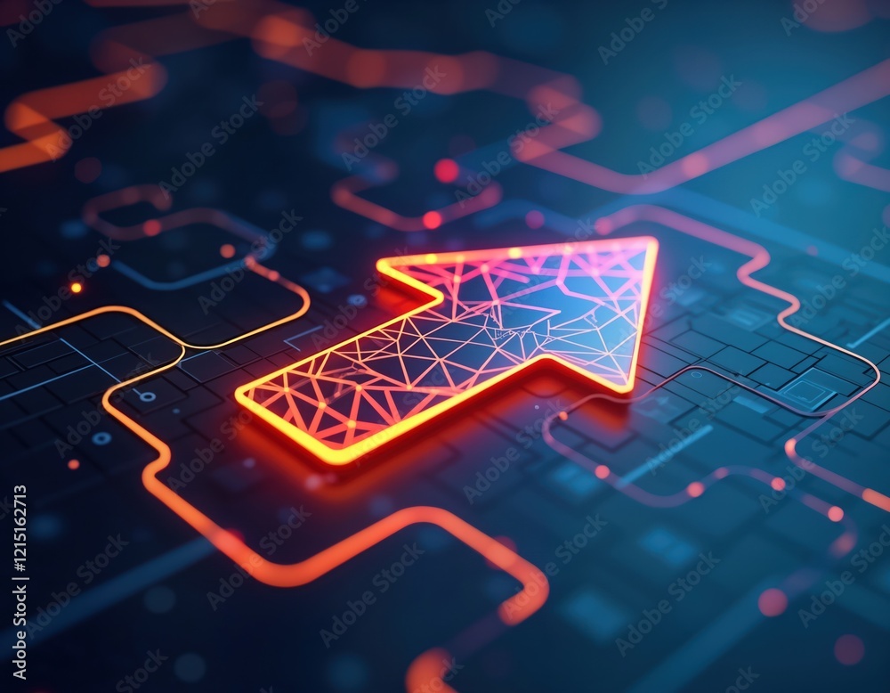 Poster futuristic neon arrow points forward on complex tech network. abstract network glows with orange, bl