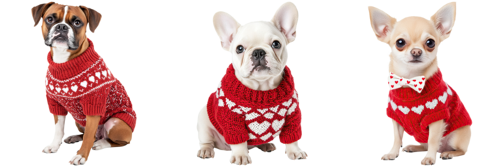 Three dogs wear festive red sweaters with heart patterns, showcasing their unique breeds and charming expressions.