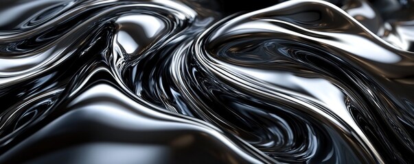 A close-up view of shiny, swirling black liquid, resembling molten metal or smooth oil, with intricate patterns and textures.