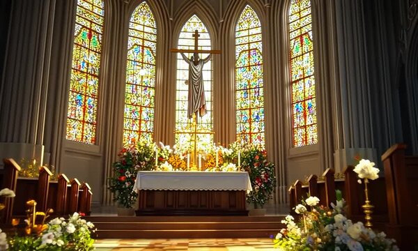 Serene Easter church scene with golden light streaming through stained glass windows onto a floral-adorned altar