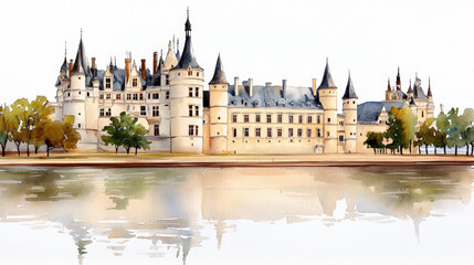Obraz premium beautiful watercolor painting of castle by river, showcasing its elegant architecture and surrounding trees